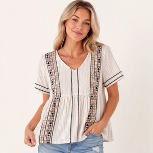 Mod Boutique Boho Peplum Top Size Small Embroidered Stripe Cottagecore Cotton